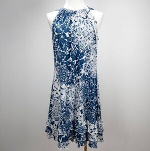 Y2K Floral Ruffle Hem Midi Dress Blue White Sleeveless Romantic‎ Fairy
